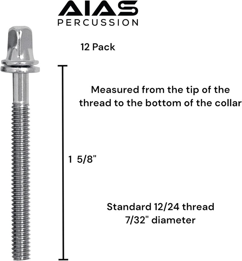 AIAS 1 5/8 Inch Chrome Plated Drum Tension Rods 12 Pack with Washers | Replacement Tuning Screws for Snare and Tom Drums - Image 2